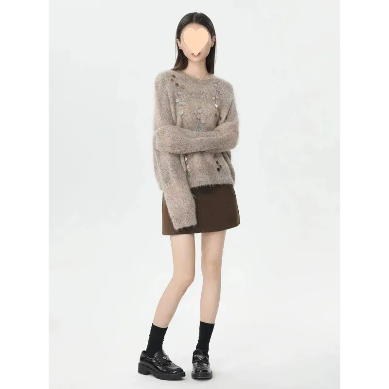 

Женский трикотаж Khaki Heavyweight iny, весенне-осенний свободный свитер Lazy Sle Camel Wool Long Sve Crew Ne