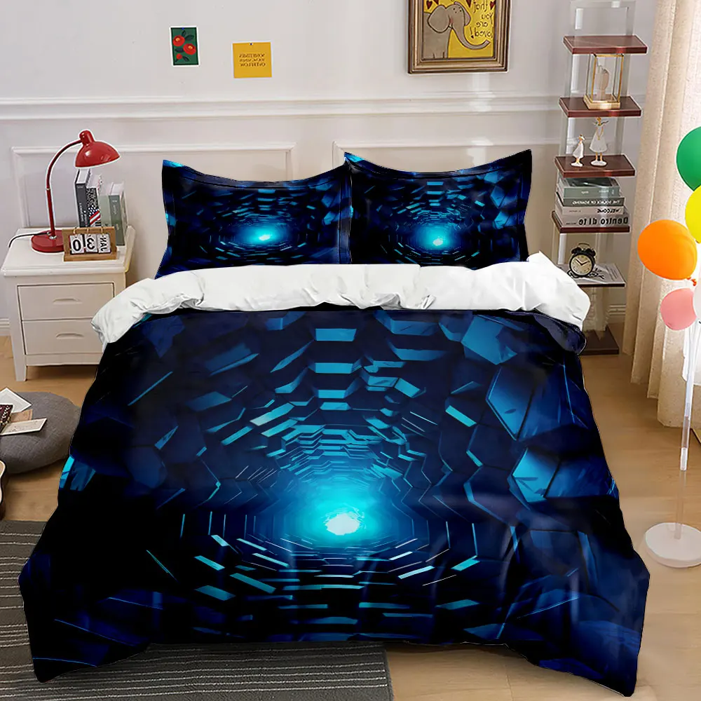 Blue glowing tunnel geometric structure Bedding Set for Kids Luxury Gift 3pcs Digital Print Comforter Set Soft Comfortable
