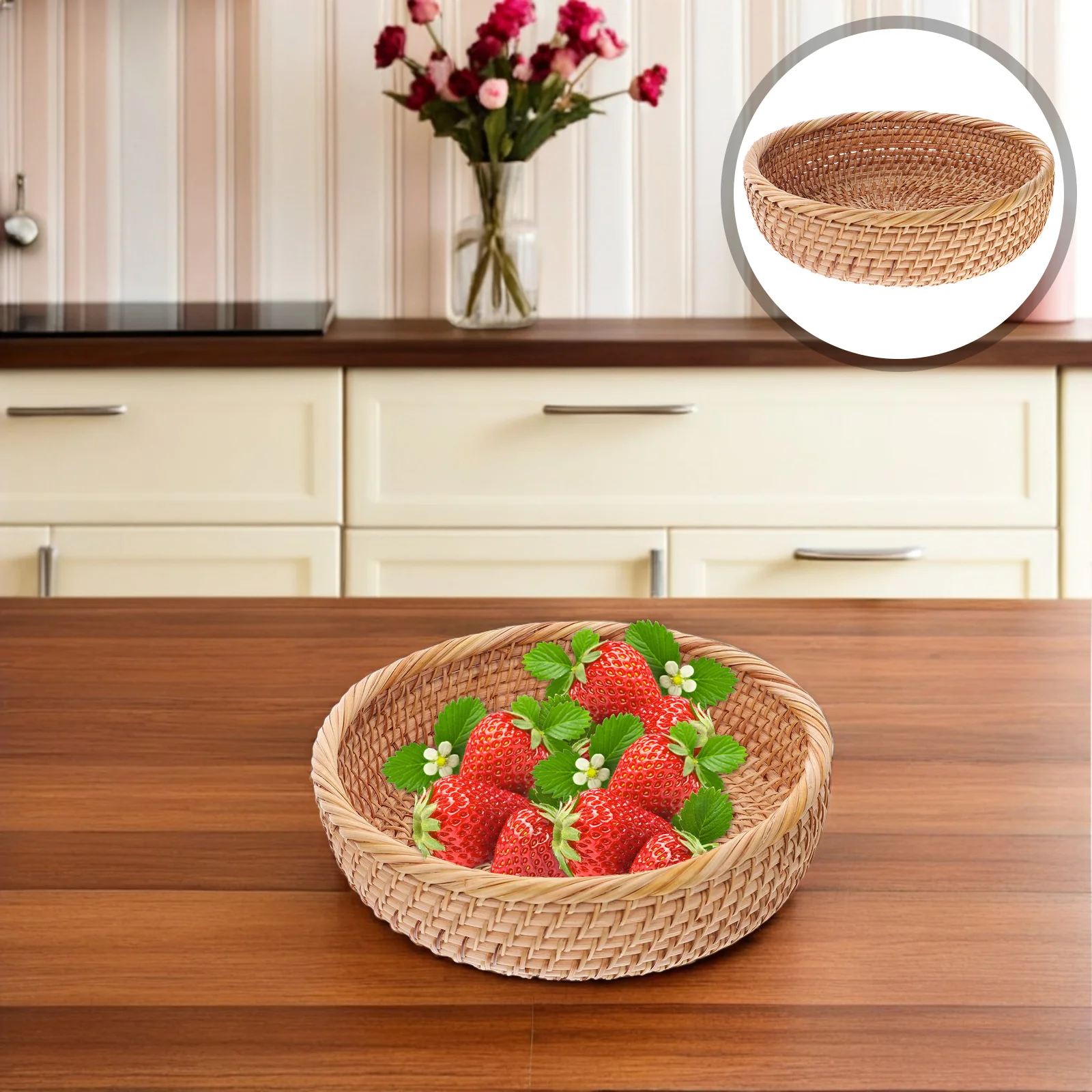 

Round Woven Rattan Fruit Basket Handmade Ventilated Snack Space-Saving Kitchen Counter Tea Table Home Decor Serving
