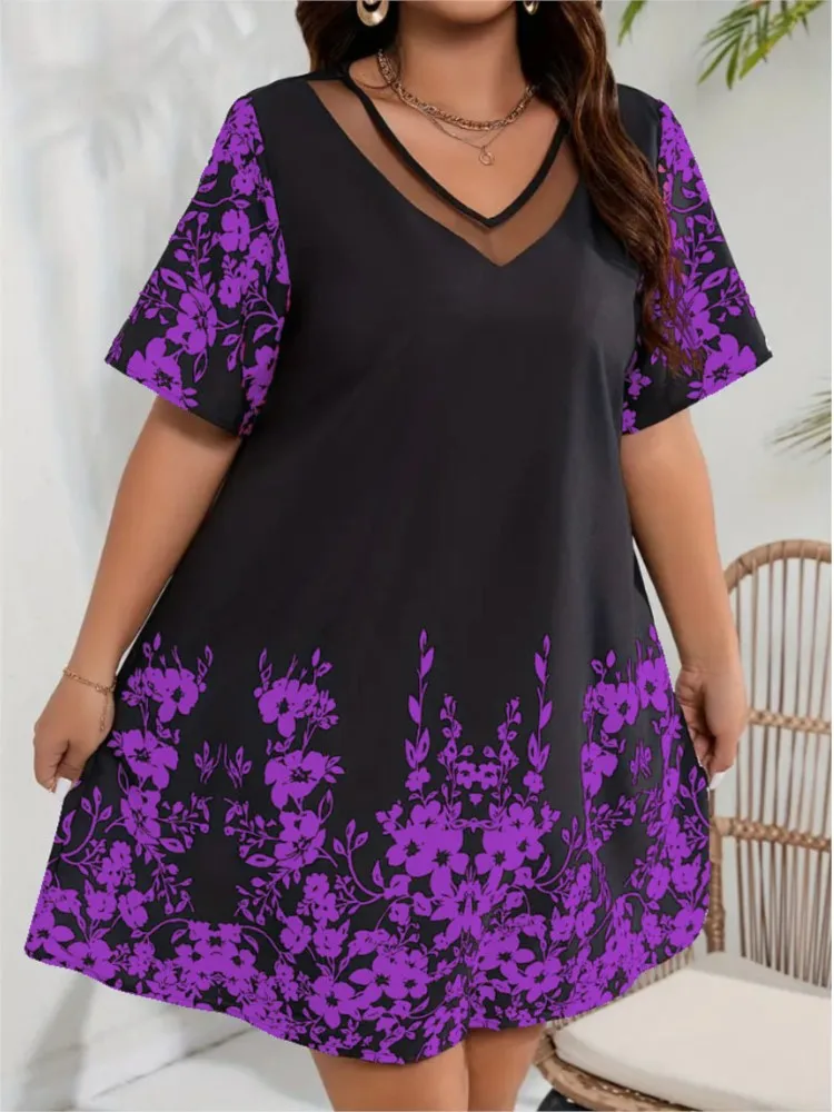 Fashion Print Loose Dress For Women Casual Short Sleeve V Neck Pullover Dresses Lady Holiday Party Skirt Womens Clothing Summer