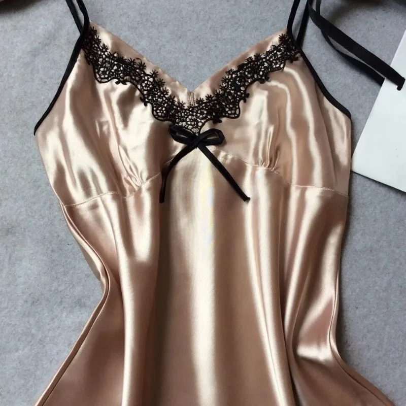 Sexy Sleepwear Lady Sexy Silk Satin Night Dress V-neck Nightgown Plus Size Nightdress Lace Nightwear for Women Nighty for Ladies