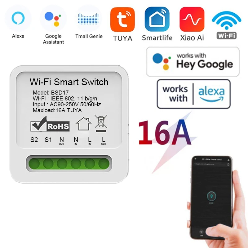 16A Wifi Smart Switch 2 Way Wireless Control DIY Light Switches Mini Smart Breaker Smart Life Control Support Alexa Google Home