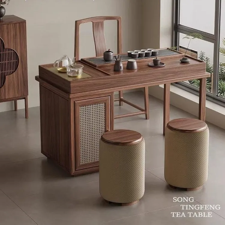 HYS Balcony Multifunctional Tea Table with Storage Black Walnut Small Tea Table Household Balcony Small Island Terrace