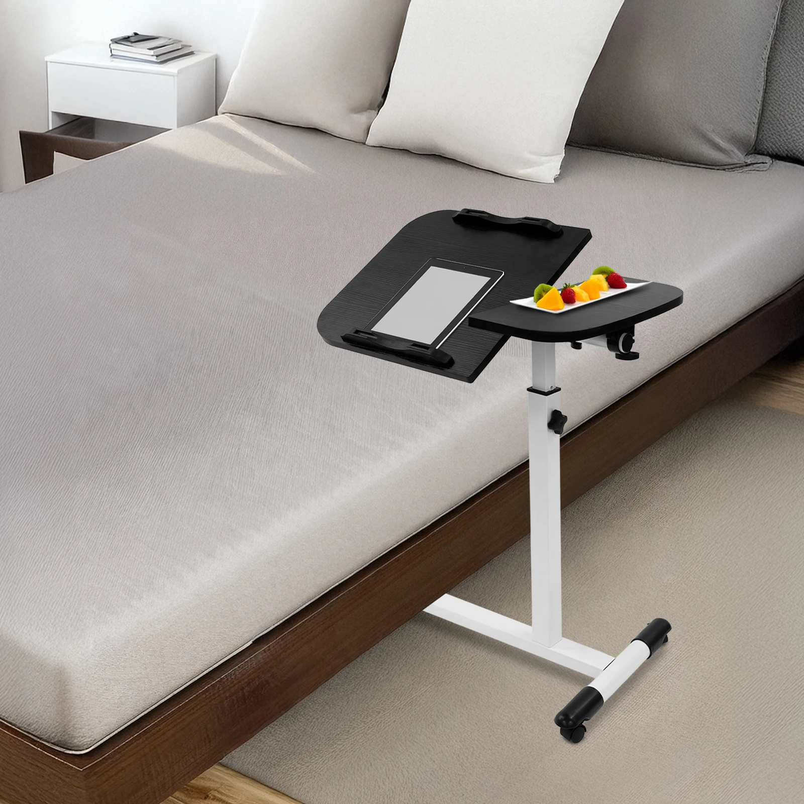 Höhenverstellbarer beweglicher Beistelltisch 65–95 cm, 4 Bremsräder 0–90 ° Falten Sie 15 kg Traglast in Schwarz/Weiß für das Heimbüro – Detail 6