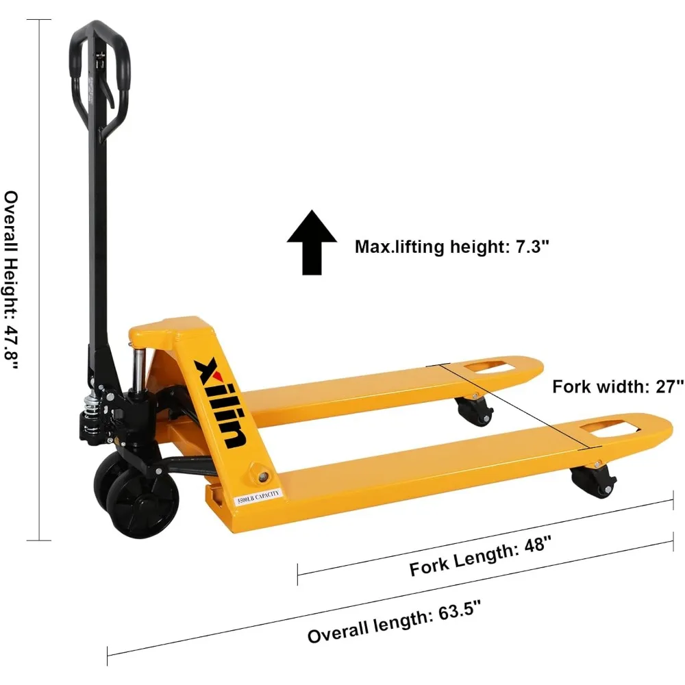 Manual Pallet Jack Truck, Hand Pallet Jack 5500Lbs Capacity 48" L x27 W Forks Standard Duty Pallet Jacks