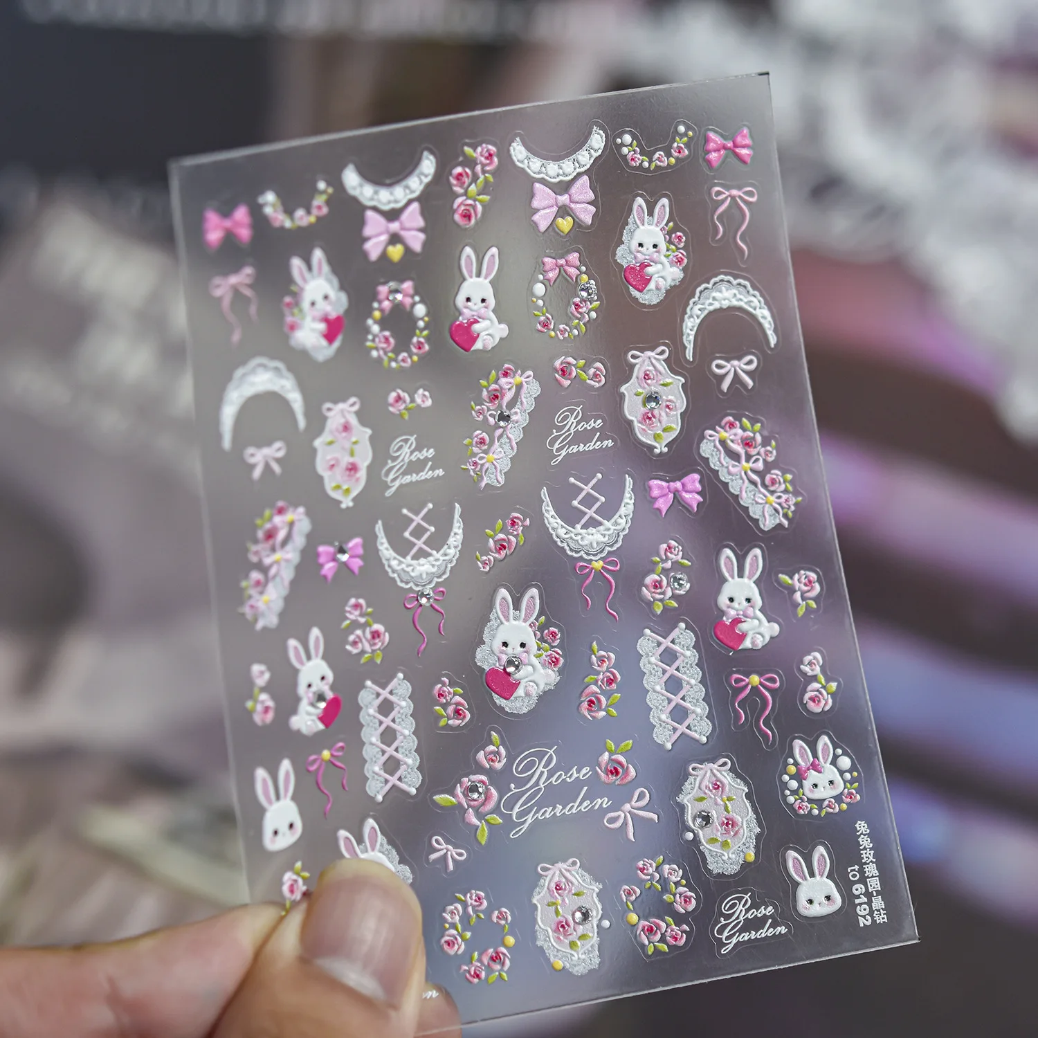 Cute White Rabbit Heart Pink Rose Cluster Lace Edge Bowknot Corset Rose Lace 5D Self Adhesive Nail Stickers Nail Art Manicure