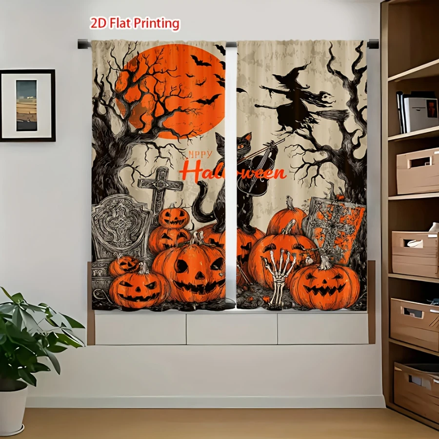 2PCS Digital Printed Curtains, Ghost Pumpkin Pattern, Halloween Holiday Style Rod Pocket Drapes for Bedroom Living Room Decor