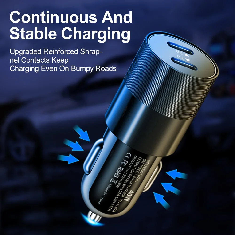 68W Dual USB Type C Car Charger Metal Auto PD Charger Adapter Fast Charging USB C Charger For iPhone 13 12 For CellPhone in Car