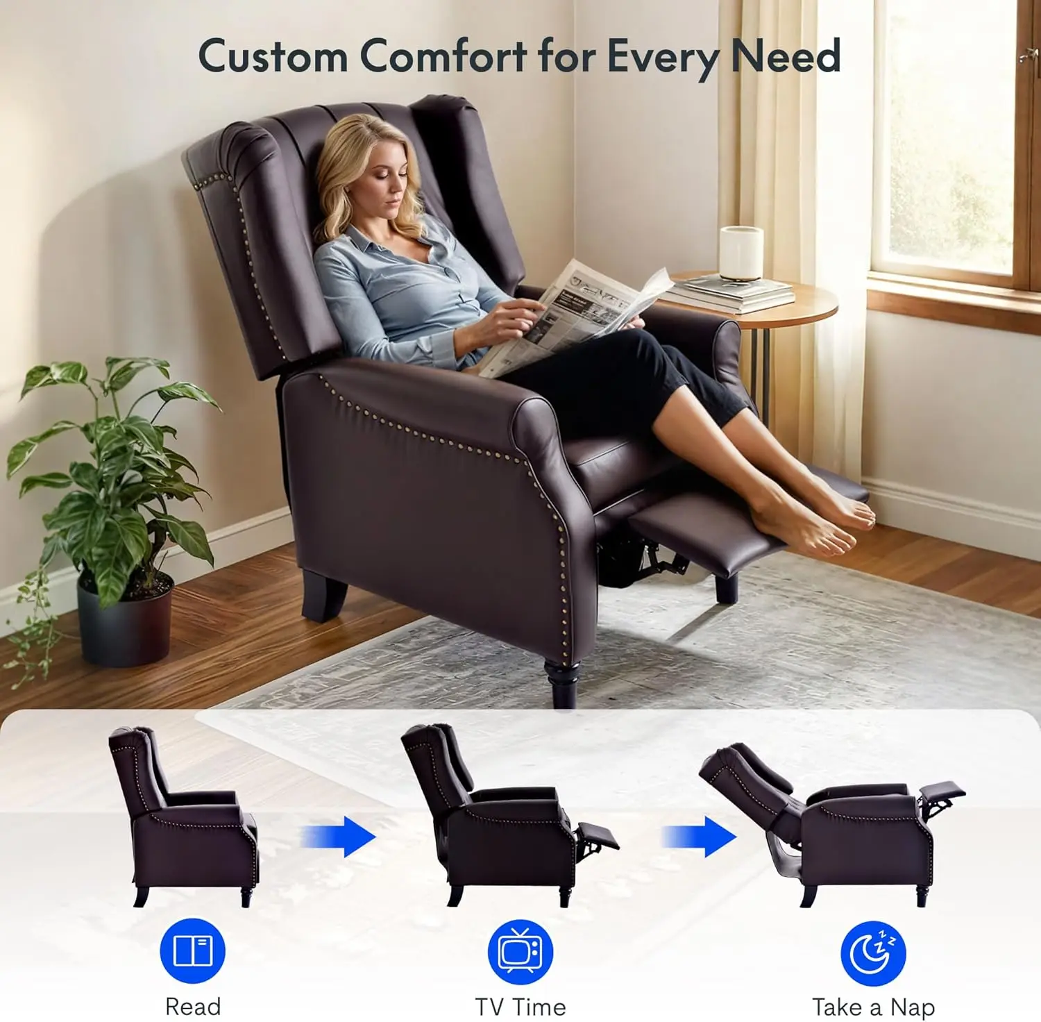 XC5 Pushback Recliner Chair, Tufted Wingback Armchair with Rivet Detail, White Fabric Accent Chair for Living Room, Bedroom, Stu