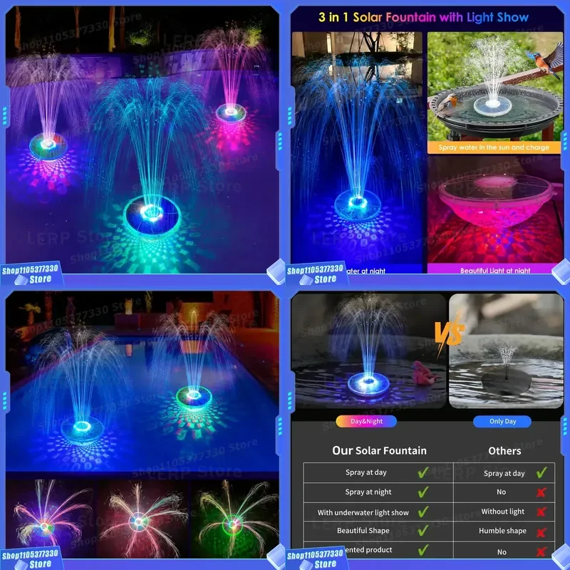 2024 New Patented IP68 Waterproof Floating Solar Pool Fountain with Underwater Light Display for Garden Decoration Outdoor