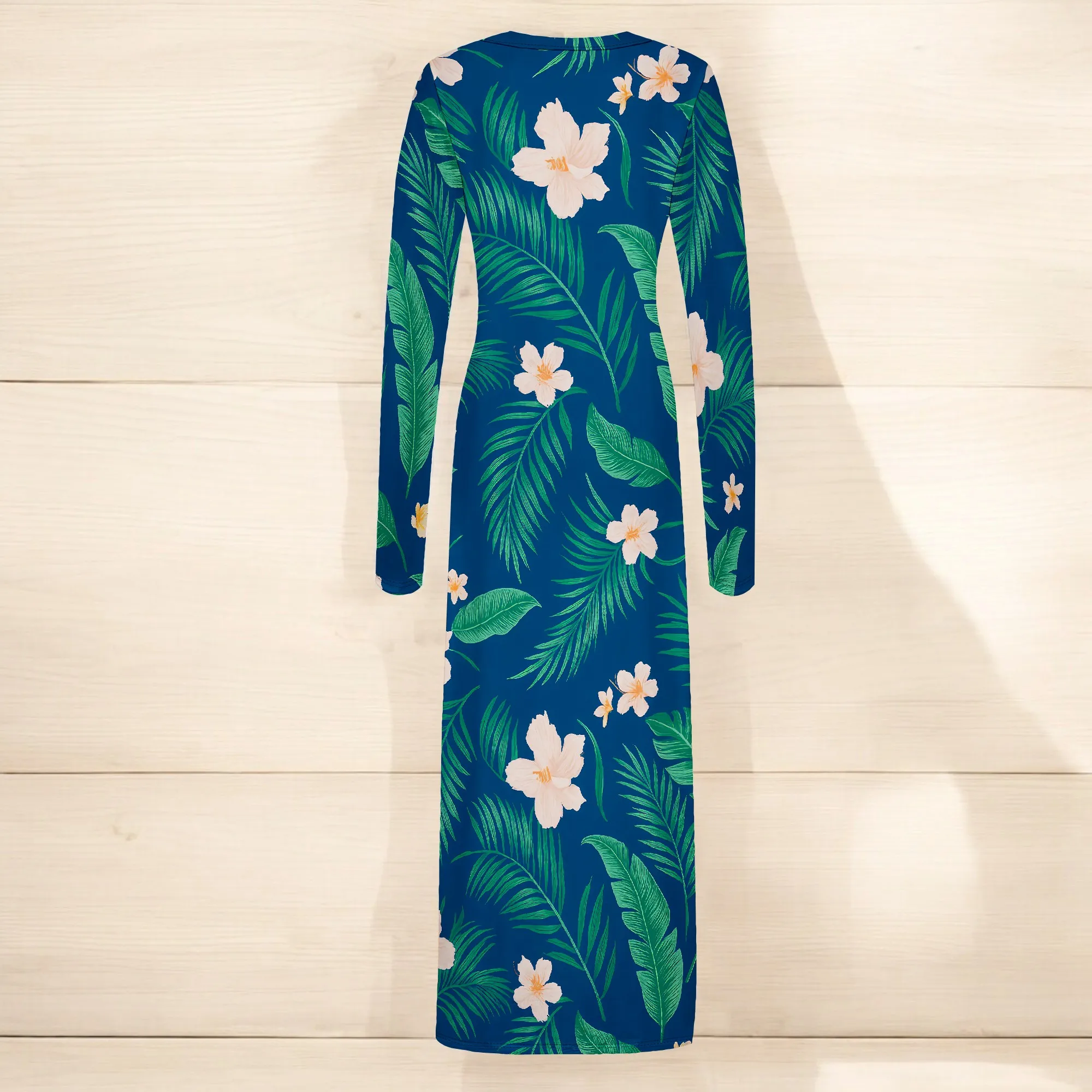 ผู้หญิงBodycon Maxiชุดฤดูใบไม้ร่วงฤดูใบไม้ผลิแฟชั่นแขนยาวพิมพ์ลายดอกไม้กระชับParty Club Ruched Dresses