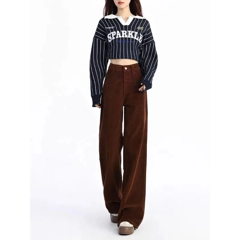 Maillard Color Corduroy Wide Leg Pants Women Autumn Winter Petite Figure Slim Versatile Floor Length Casual Trousers