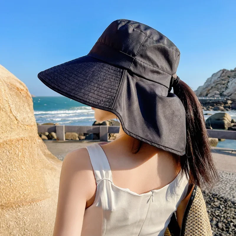 Summer Hats for Women Outdoor UV Anti Neck Protection Sun Visors for Lady Fishing Hiking Wide Brim Shawl Sunscreen Ponytail Cap