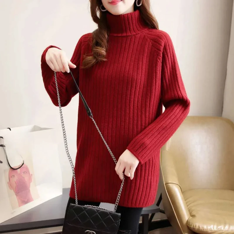 Women's Clothing Autumn Winter Turtleneck Solid Color Sweater Knitted Pullover Long Sleeve Fashionable Casual Screw Thread Tops