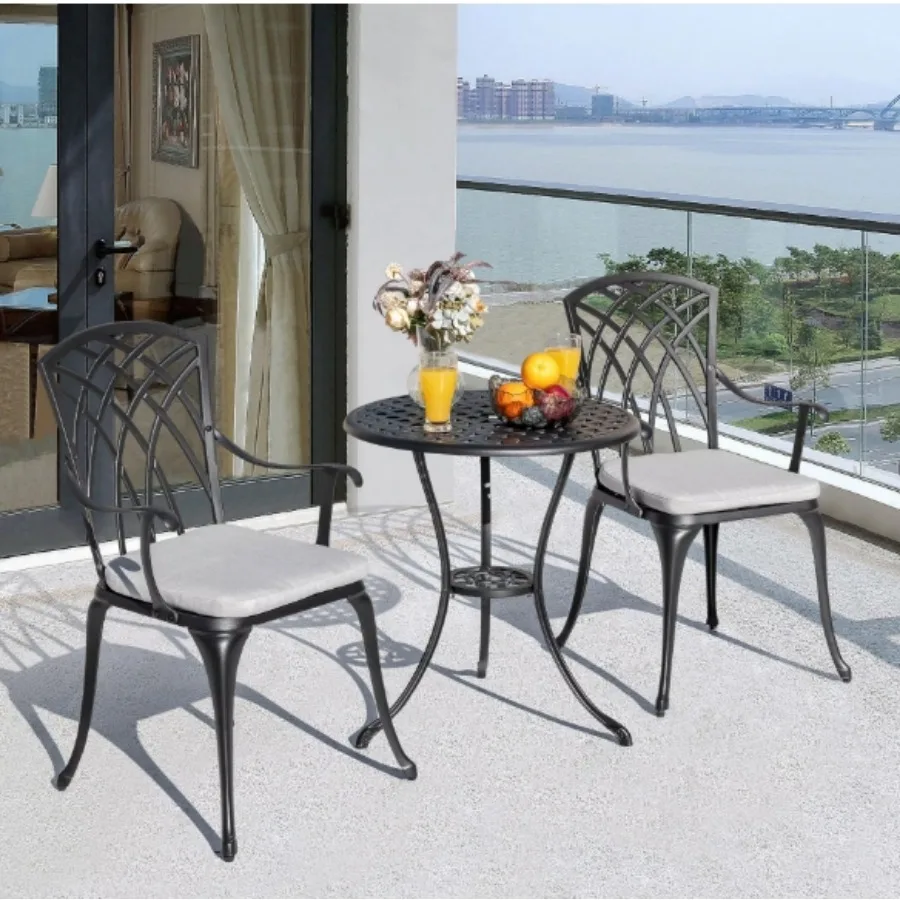 

3-Piece Cast Aluminum Patio Bistro Set Rust-proof Outdoor Bistro Set with Gray Cushion,suitable for outdoor, garden, restaurant