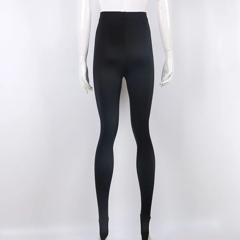 Damen High-Waist Steigbügel-Leggings, glänzend, dehnbar, eng anliegend, einfarbig schwarz, lange Hose – Detail 10