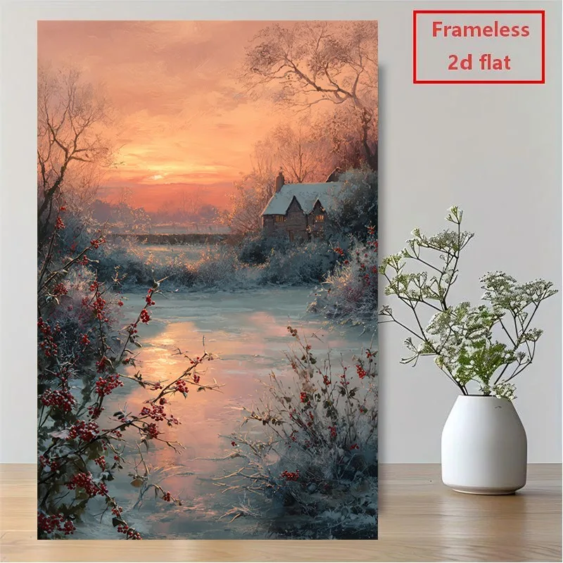 (No frame)2D Flat, 1pc Winter Snowy Cottage River with Red Berries - Unframed Canvas Suitable for Cozy, Scandinavian Minimali