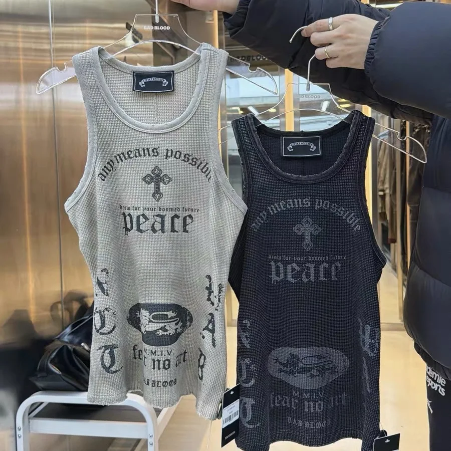 Retro American Hot Girl Distressed Letter Print Workwear Tank Top Women's Trendy Top Breathable round Neck Design