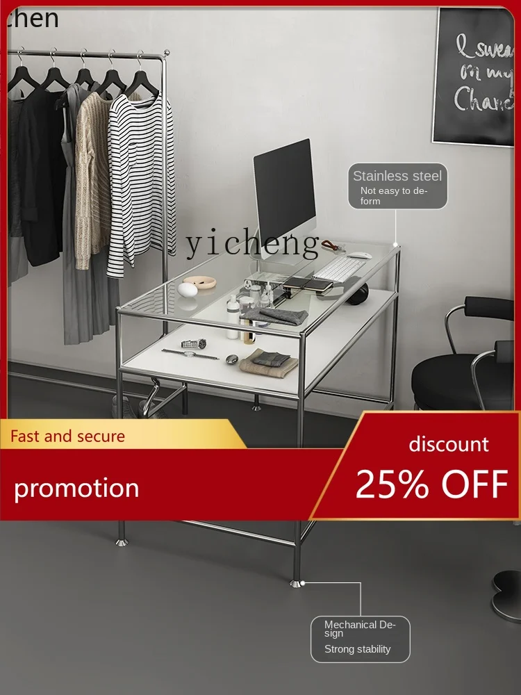 YFY  Long Office Work Glass Book Table Stainless Steel Computer Display Clothing Store