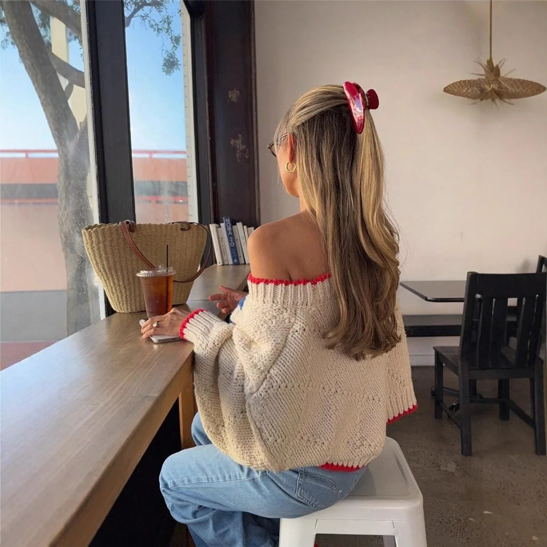 2025 Otoño e Invierno nueva moda Retro contraste Jacquard diseño tejido suelto Casual suéter mujer ropa Tops de manga larga