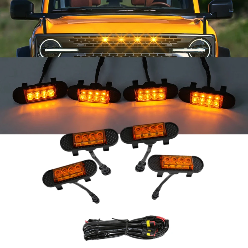 4pcs LED Grill Lights w/ Wiring Harness Kit for Ford Bronco Wilderness Edition 2021 2022 2023 12V Smoked/Yellow LED Grille Light