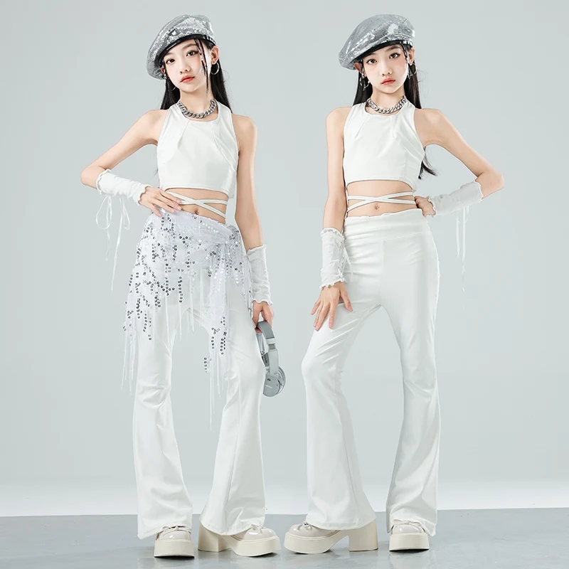 

Girls Street Jazz Dancing Dance Costume Hip Hop Outfit Children Performance Clothes White Crop Tops Pants Kids Streetwear XH2679