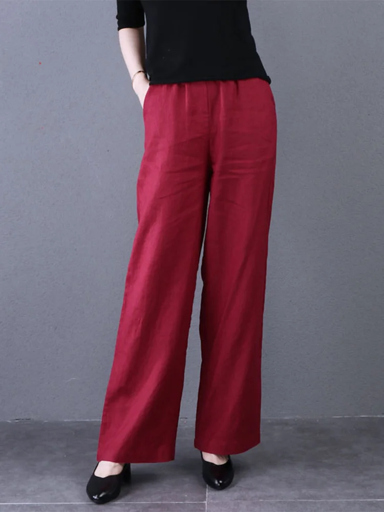 Solto algodão linho calças de perna larga feminina cintura alta em linha reta casual artístico cor pura outono inverno faion commute sle
