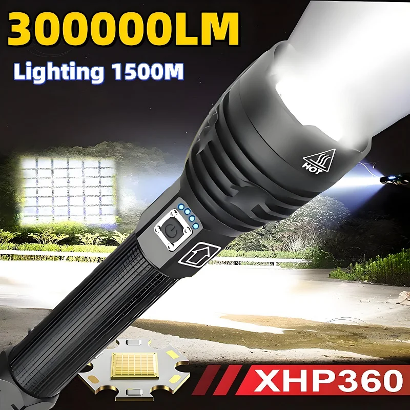 

2025 Ultra Bright XHP360 Flashlight 300000LM Strong Light LED Flashlight Rechargeable Tactical Torch Long Range Camping Hunting