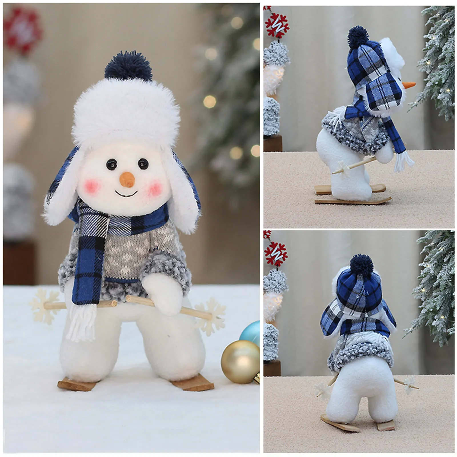 New Blue Christmas Snowman Dolls Plush Swinging Skiing Doll Figurine Toys Christmas Tree Ornaments New Year Xmas Gift For Kids