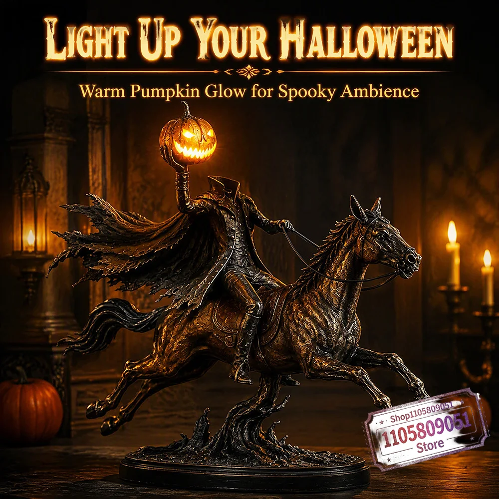 25cm Lighted Headless Horseman Statue Glowing Pumpkin‑Head Horse‑Rider Figurine Spooky Gothic Tabletop Halloween Home Decoration
