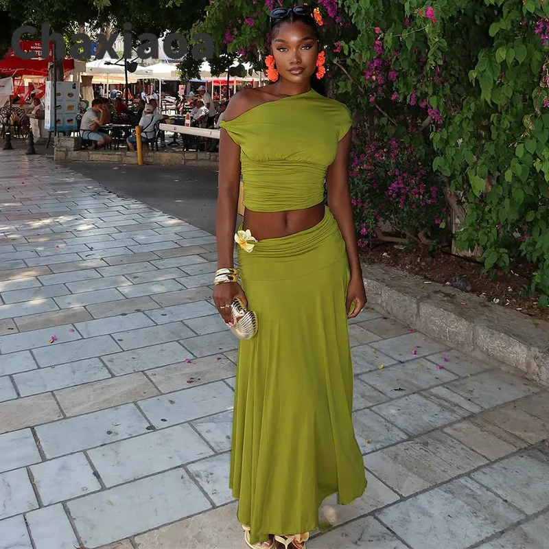 

Chaxiaoa элегантный топ, повседневный комплект, женский комплект из двух предметов с рюшами и асимметричным вырезом, однотонное вечернее платье на одно плечо, новинка 2023 г.