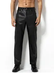 Arjen Kroos Faux Leather Disco Pants for Men Flat Front Straight Leg Casual Trousers