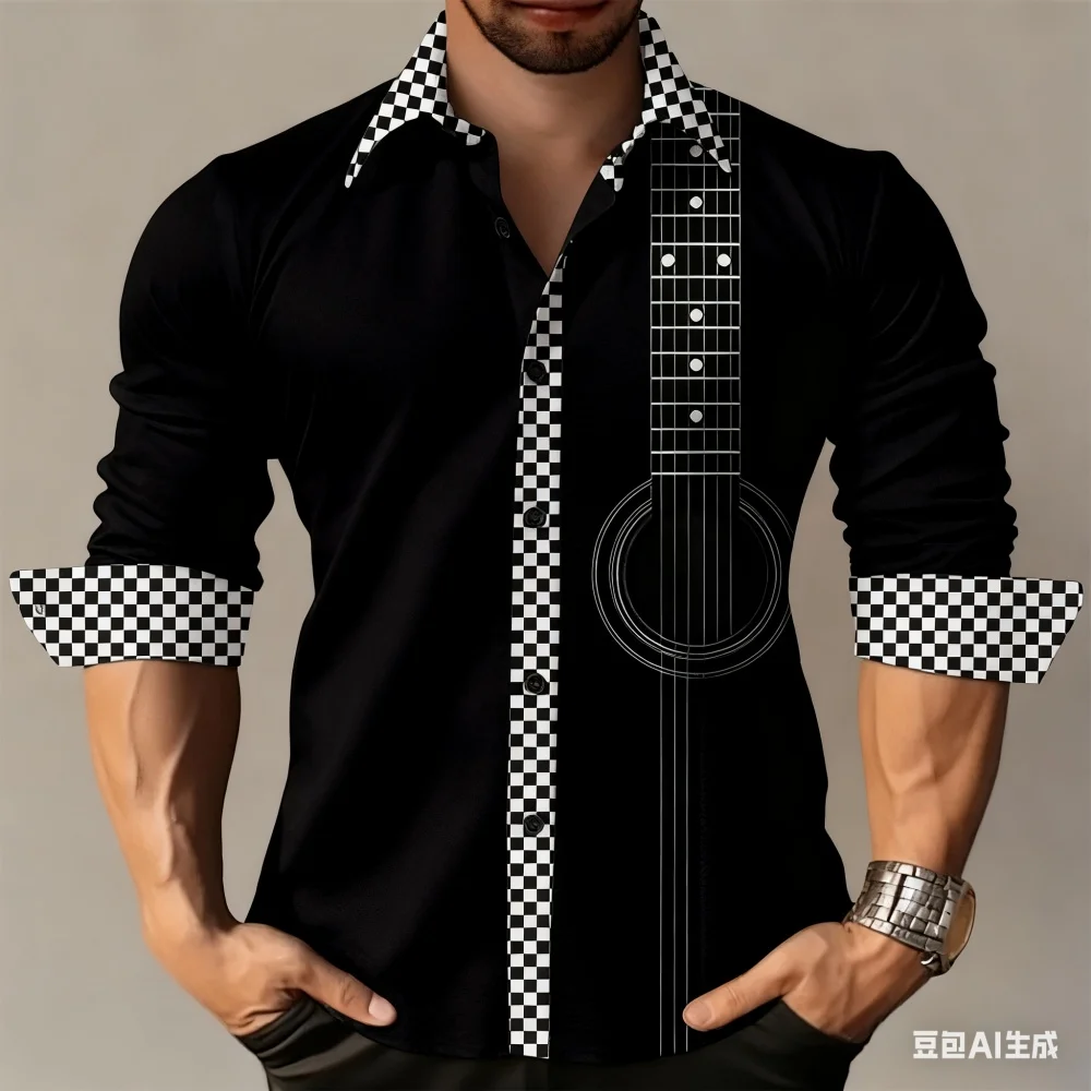Men's Spring Autumn Long Sleeve Music Print Shirt Casual High Quality Collar Button up for Party Wedding Streetwear