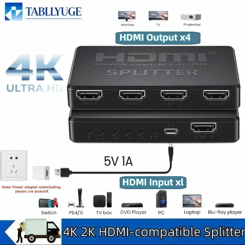 4K 2K HDMI-compatible Splitter 1 in 4 Out /1 in 2 Out HD Video Distributor HDCP1.2 Adapter for  PS4 DVD PC Laptop HDTV Monitor