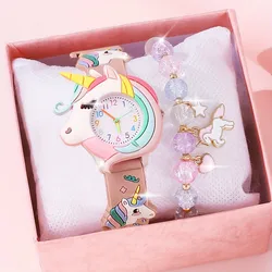 【Watch+Bracelet】Kegllect  New Children's Cartoon Pattern  Unicorn Silicone   Bead Bracelet Set Student