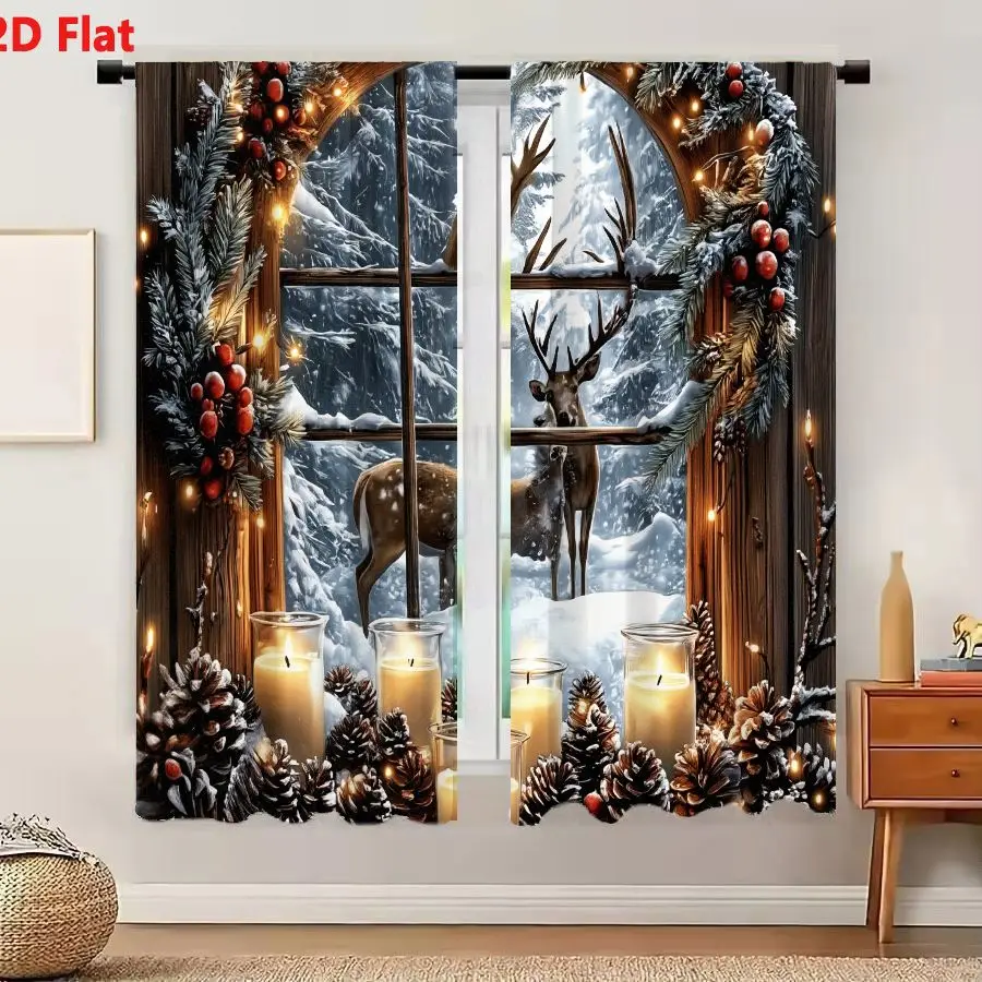 2Pcs Curtains 2D Flat Cozy Winter Scene With Deer And Festive Window Garland Window Drapes for Bedroom Room Decor Decoration Win