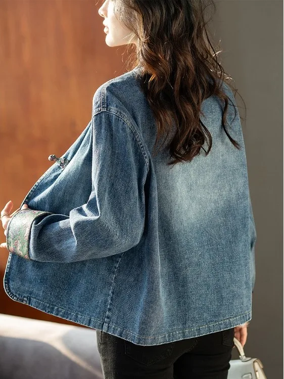 New Chinese Style Women's Denim Jacket Spring Autumn Popular Small Size National Style High-End Feeling Top Women's Fashion