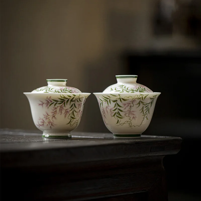 Jade Clay Hand-Painted Spring Breeze Wisteria Kung Fu Set Household Ceramic Tea Bowl Scholar's Ware Handheld Gaiwan
