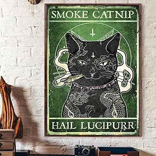 Cat Smoke Catnip Hail Lucipurr Vertical Satin Full Metal Tin Sign Art Metal Tin Sign 8x12 Inch Plaque