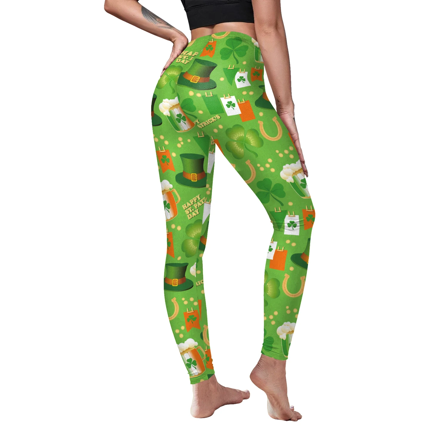 Womens Green Clover Printed Leggings St Patricks Irish Funny National Carnival Streetwear Pants High Waist Elastic Fitness Legin