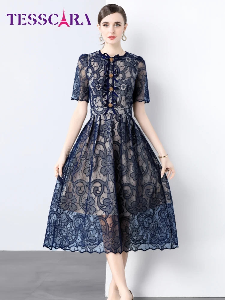 Tesscara New Summer Women's O-neck Short Sleeve Dress Lady Embroidery Lace