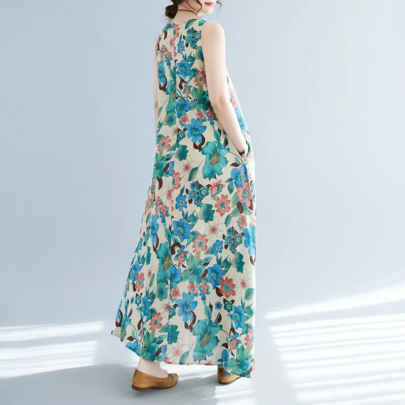 2025 Estate Nuovo Artistico Allentato Cotone E Stampa di Canapa O Collo Abito Senza Maniche Per Le Donne Alla Moda Della Boemia Grande Altalena Abito Lungo