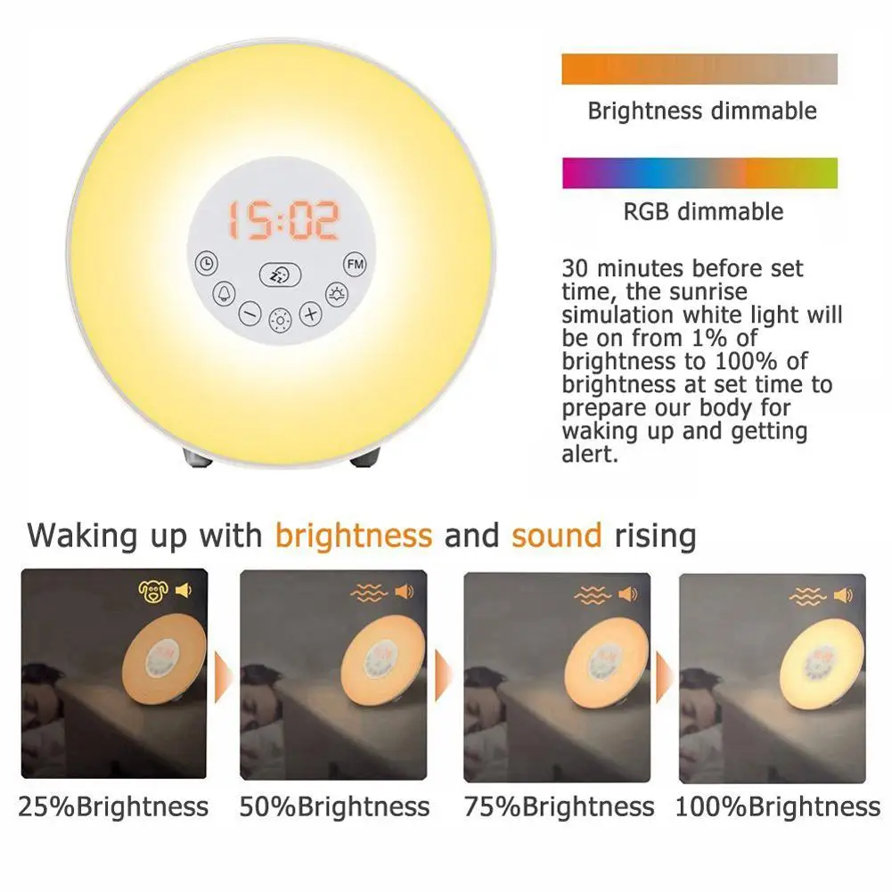 Useful Smart Alarm Clock Lightweight Alarm Clock Multifunctional LED Sunrise Night Light Clock  Nature Sounds