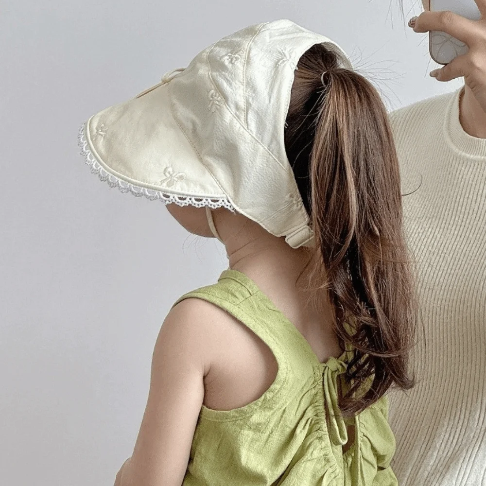 Korean Princess Lace Trim Empty Top Hat Bowknot Thin Sun Protection Hat Foldable Cotton Panama Hat 3-8 Years Old Girls