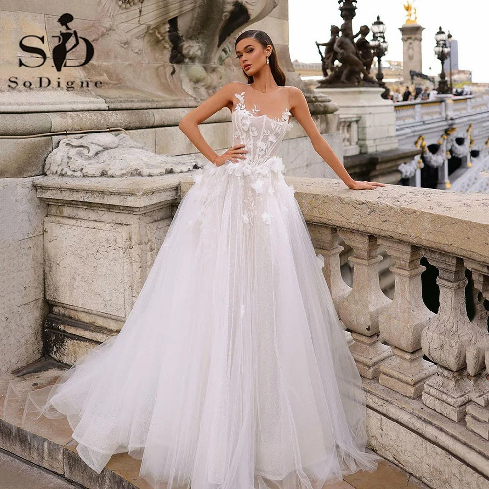 SoDigne Charming Wedding Gown For Women O Neck Sleeceless Corset Boho Wedding Dresses 3D Flower Princess Bride Dress 2024