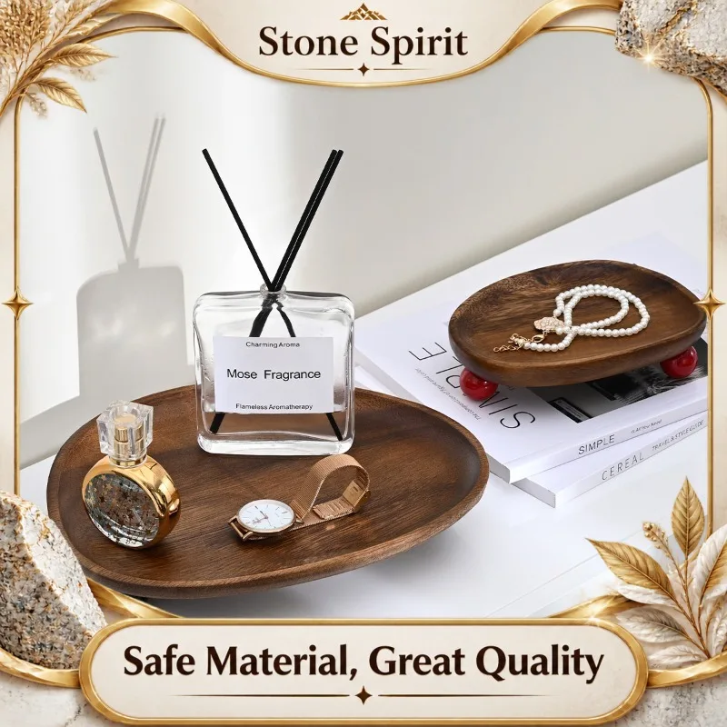 Vintage Wood Jewelry Display Tray, Walnut Makeup Key Organizer with Scented Holder, Desktop Decorative Storage Rings Necklaces