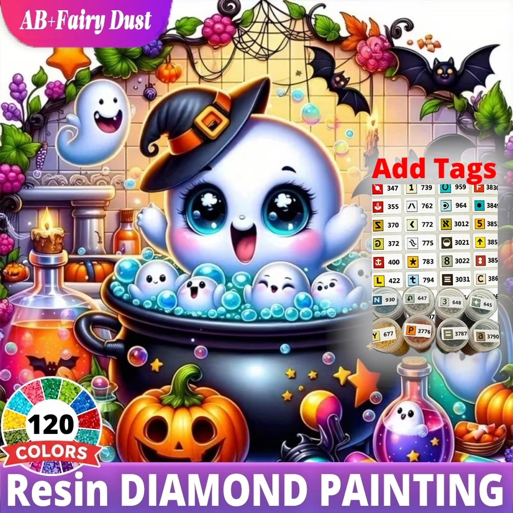 120 Color Resin AB Fairy Dust DIY Diamond Mosaic Fantasy Cartoon Full Square Painting Ghost Baby Witch Hat Cauldron Decor