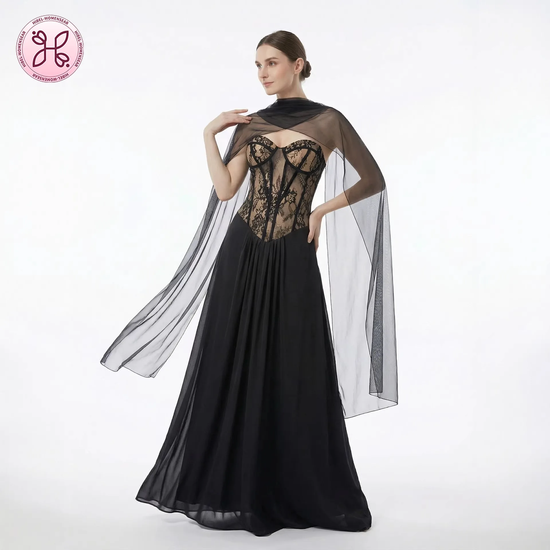 

Black Lace See-Through Bustier Heavy Duty Evening Gown, Banquet Runway Long Large Train Performance Dress with Sheer Cape