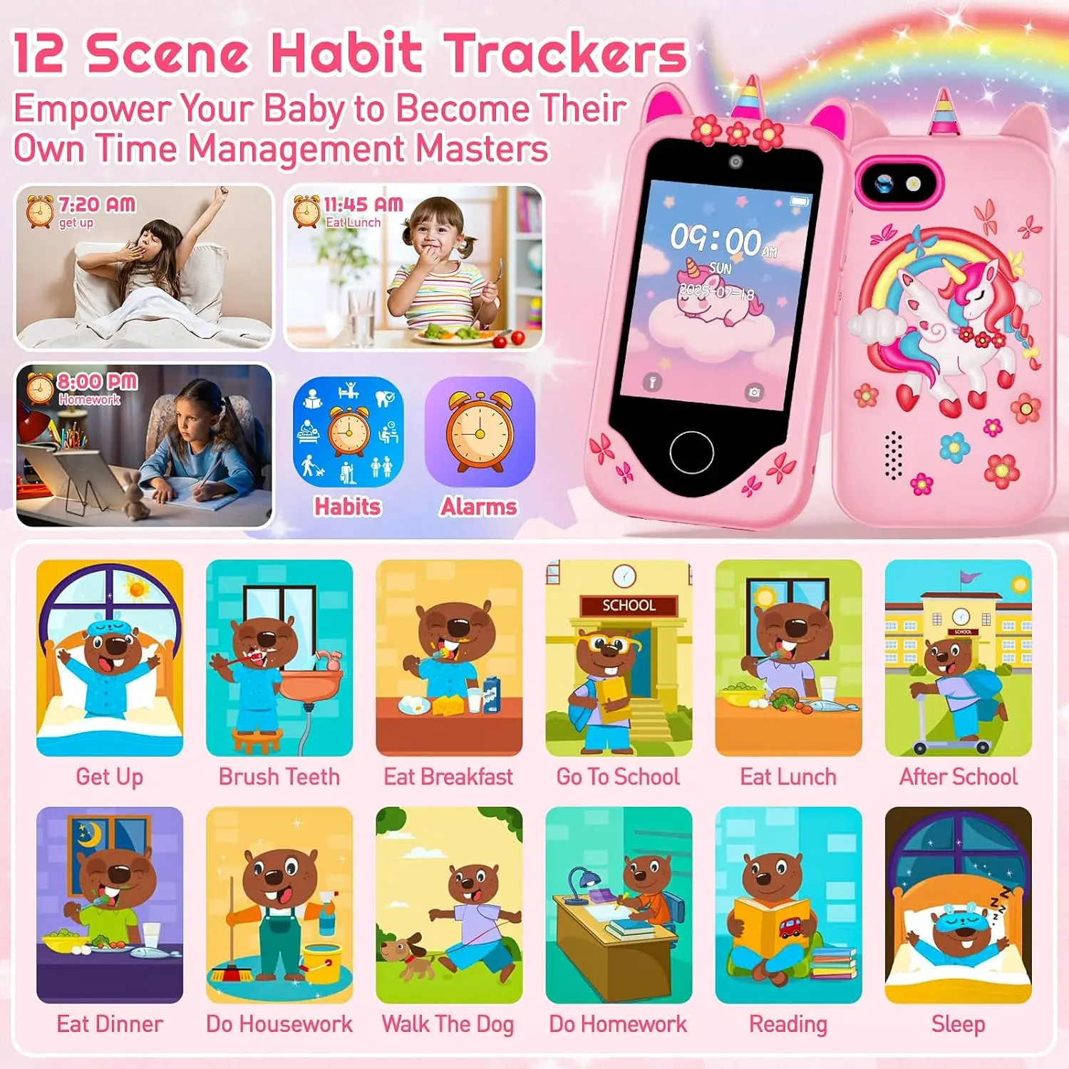 Multifunctional Learning Phone Kids 2.8" Touchscreen Dual Camera ABC/Habit Tracker Educational Games Perfect Gift for Toddlers