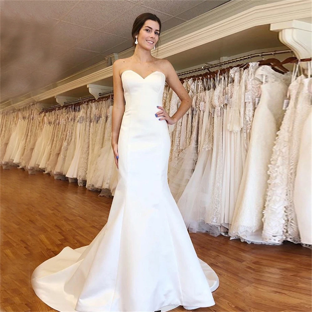 

ZJ9003 Strapless Scoop Neckline Mermaid Satin Wedding Dress Elegant Zipper Back Floor Length Chapel Train Gown For Brides